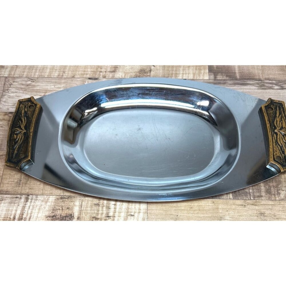 Vintage Kromex Chrome Serving Tray With Ornate Faux Wood Handles Rectangular
